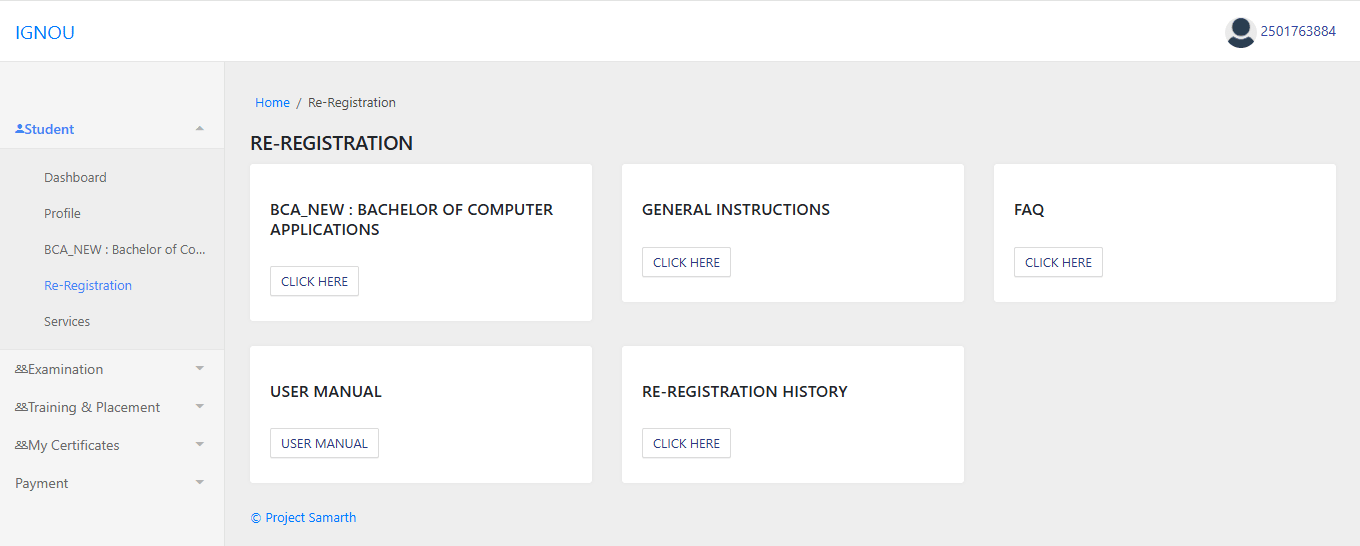 IGNOU Re-registration
