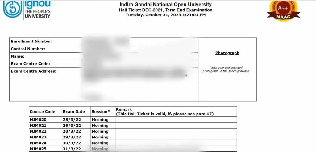 IGNOU Hall ticket