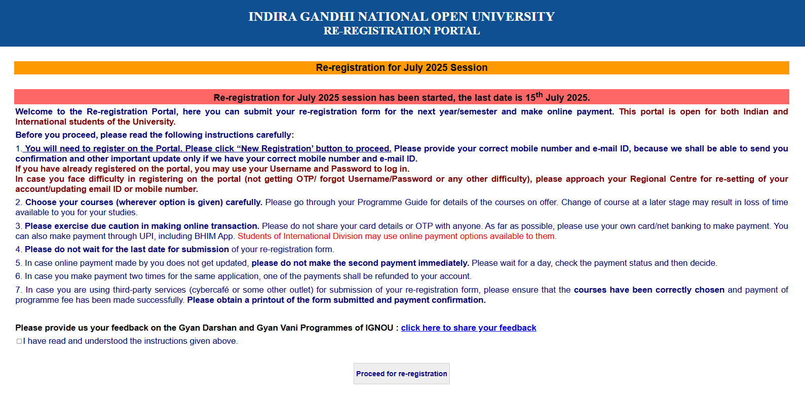 IGNOU re-registration 2025 last date
