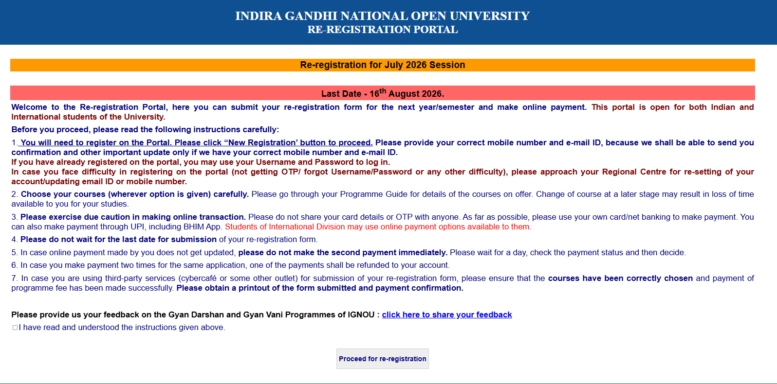 ignou re-registration extended last date 2026